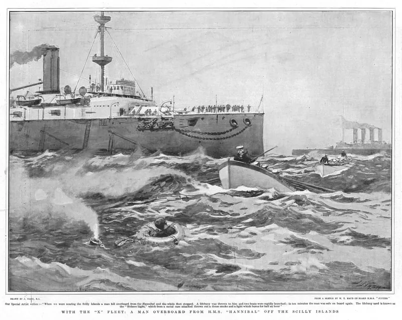With the 'X' Fleet, a man overboard from HMS 'Hannibal' off the Scilly Islands - The Graphic 1901