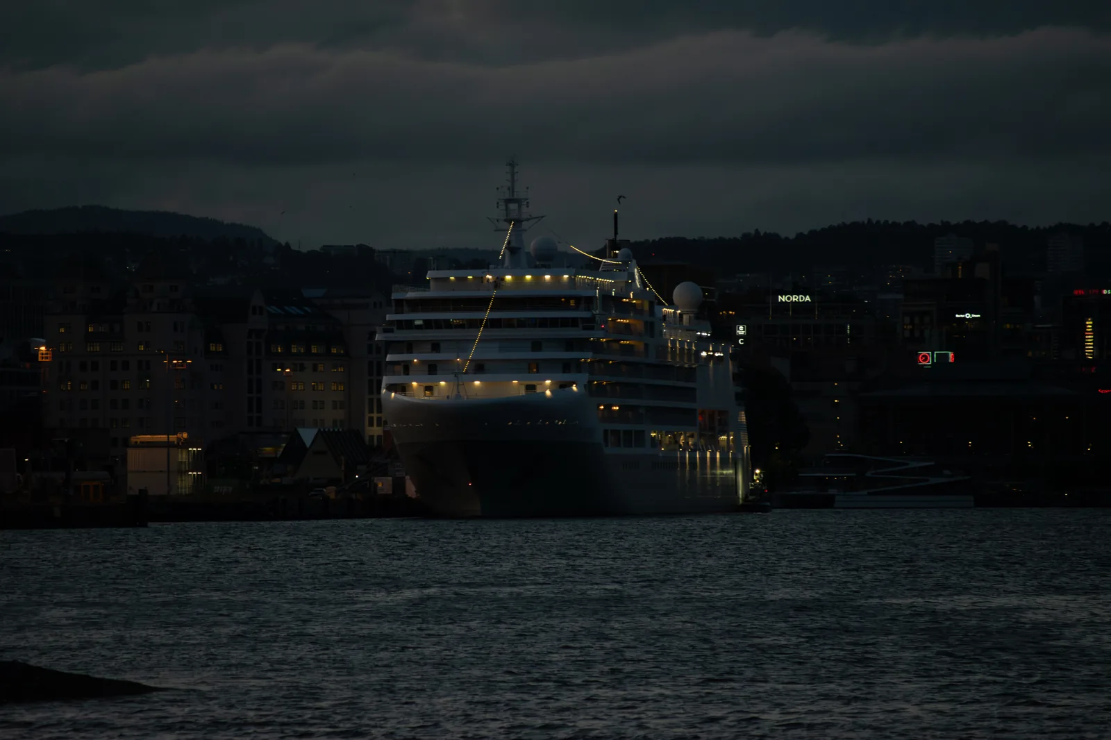 Silver Spirit docked in Oslo at night