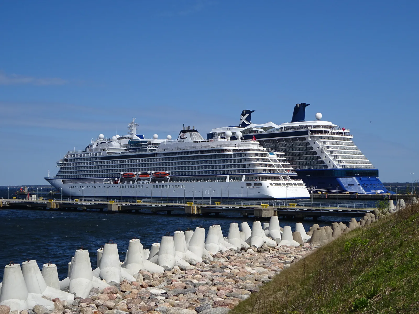 Viking Vela at Pier 26 and Celebrity Eclipse at Pier 27 in Port of Tallinn 16 May 2025